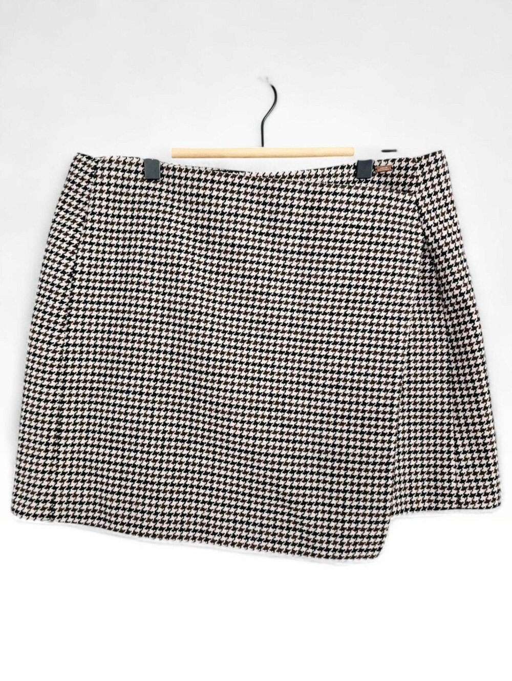 ARMANI EXCHANGE A/X Brown Black Wool Blend Houndstooth Mini Faux Wrap Skirt 10
